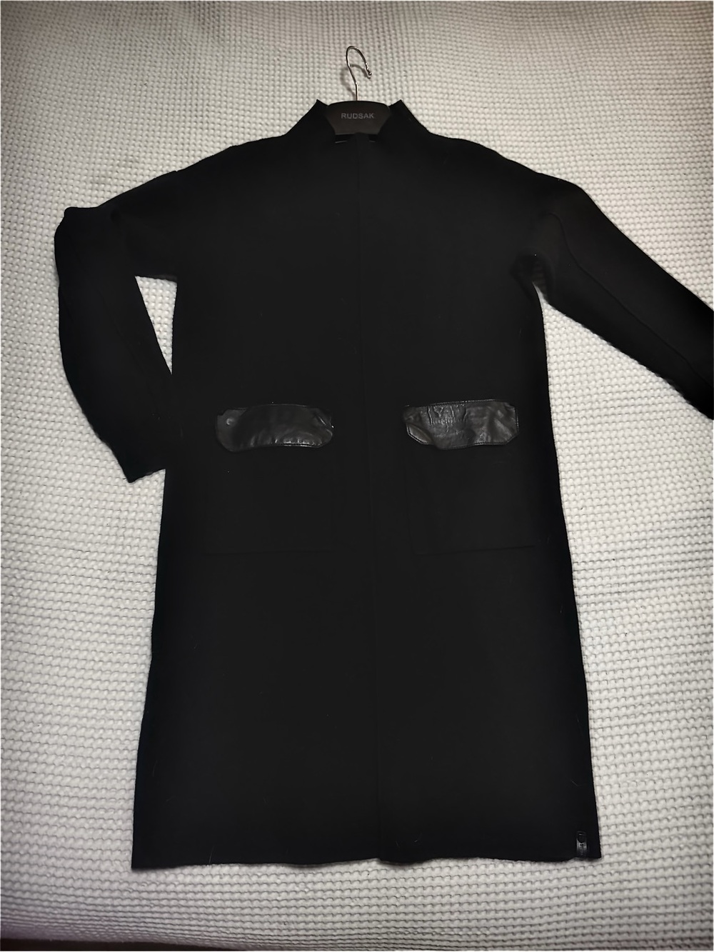 RUDSAK Black Long Trench Coat with Leather Pocket Accents